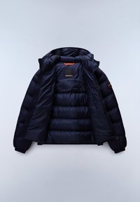 Marineblå pufferjakke med åben front, der har en høj krave, ribbede manchetter og en indvendig lomme. Glat, shiny overflade med stitched paneler.