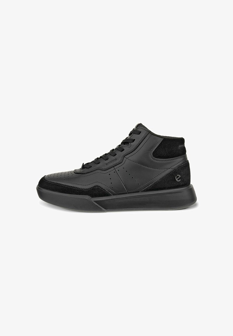 Black high-top sneakers made of leather and suede with perforated details, flat laces, and a rubber sole. Features a logo on the heel.