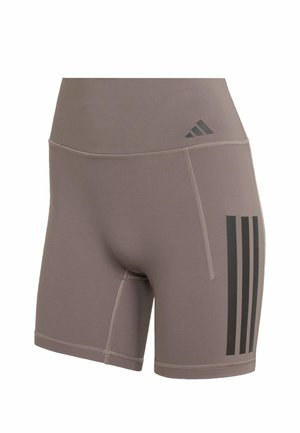 Brown athletic shorts with a high waistband, featuring three vertical black stripes on the left side and flatlock seams.
