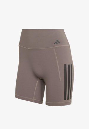 Brown athletic shorts with a high waistband, featuring three vertical black stripes on the left side and flatlock seams.