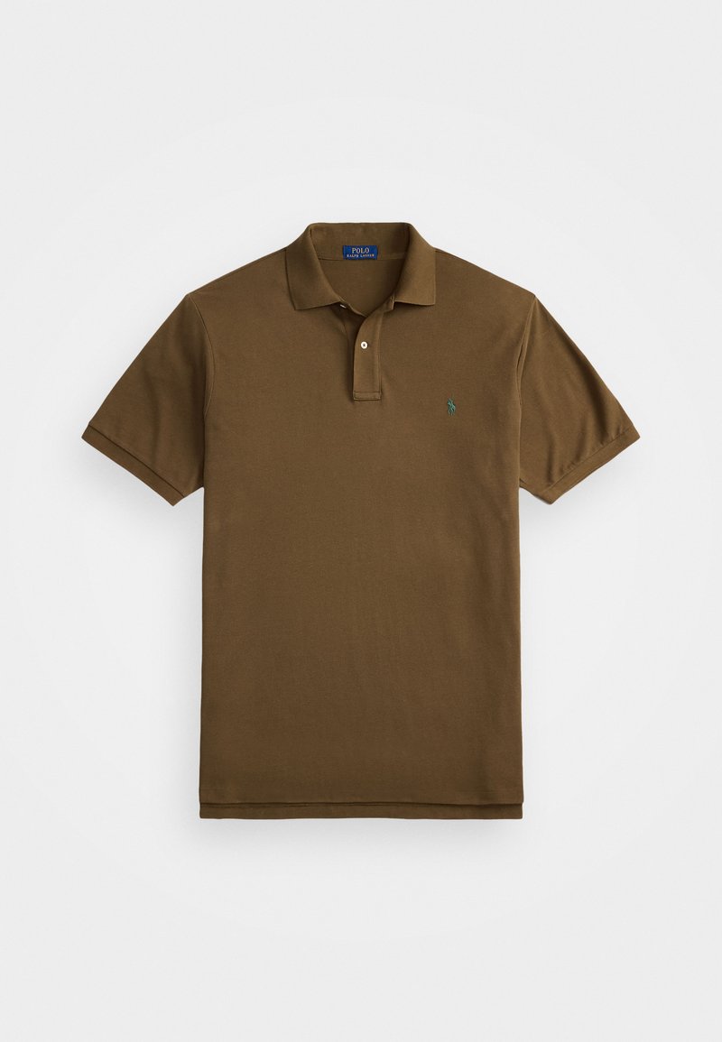Brun polo shirt lavet af bomuld, med klassisk krave, to knapper, kortærmer og et lille grønt logo på venstre bryst.