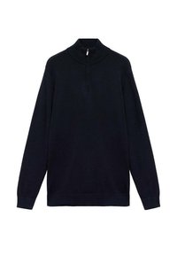 Mornarska pulover jopica z visokim ovratnikom in polzadrgo. Izdelana iz mehkega materiala, ima dolge rokave ter rebrast nabor in spodnji rob.