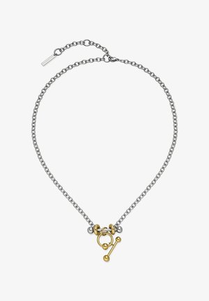 Silberkette mit gold- und silberfarbenen Akzenten aus gemischtem Metall, runden und stabförmigen Anhängern sowie einem Karabinerverschluss.