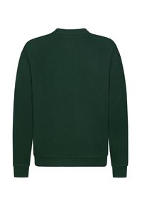 Dunkelgrüner Pullover mit strukturierter Stoffqualität, Rundhalsausschnitt, gerippten Bündchen und Saum. Das Design ist schlicht und zeigt keine sichtbaren Logos oder Muster.