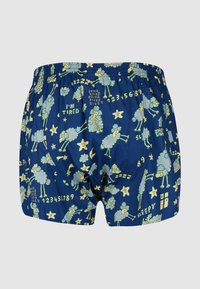 Navyfarbene Boxershorts aus weichem Stoff, mit einem Cartoon-Schaf-Muster sowie Text und Sternen in blassem Gelb. Elastischer Bund für Komfort.