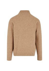 Camel-colored sweater with a high ribbed collar, long sleeves, and ribbed hem. Soft texture, designed for warmth and comfort.