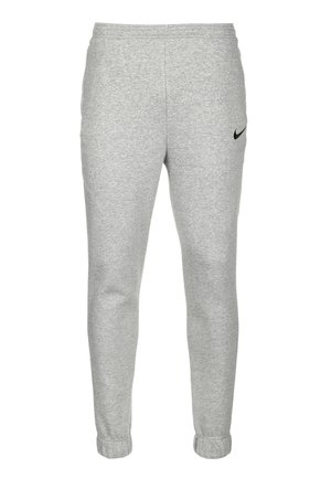 Lysegrå Nike træningsbukser med elastisk talje og manchetter, med et lille sort Nike swoosh-logo på den øverste venstre lår.