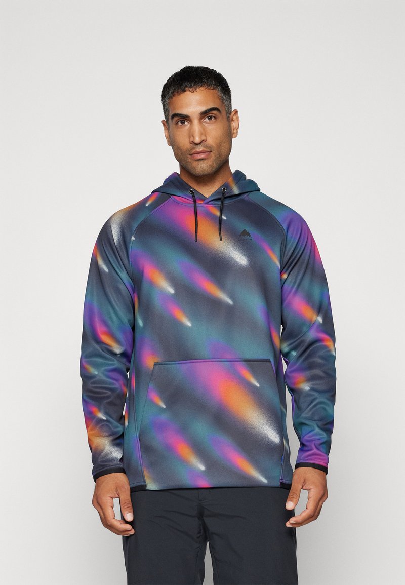 Felpa con cappuccio in un motivo multicolore di blu, viola, arancione e teal. Presenta una tasca frontale e un cappuccio regolabile. Realizzata in un tessuto morbido.