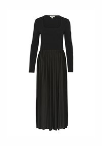 Black long-sleeve dress with a square neckline, featuring a fitted bodice and a flowing pleated skirt. Smooth texture and full length.