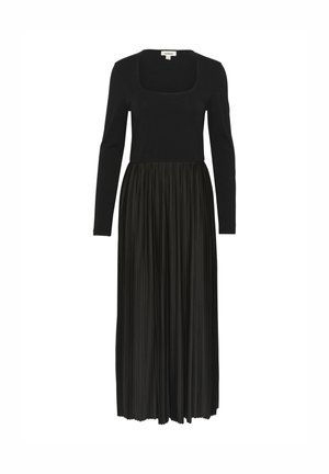 Melnas garas piedurknes kleitas ar kvadrātveida dekoltē, ar pieguļošu krūšu daļu un plūstošu plisētu svārku. Gluda tekstūra un pilna garuma.