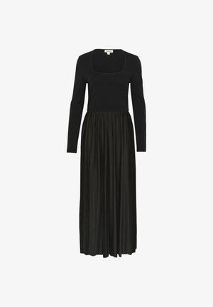 Black long-sleeve dress with a square neckline, featuring a fitted bodice and a flowing pleated skirt. Smooth texture and full length.