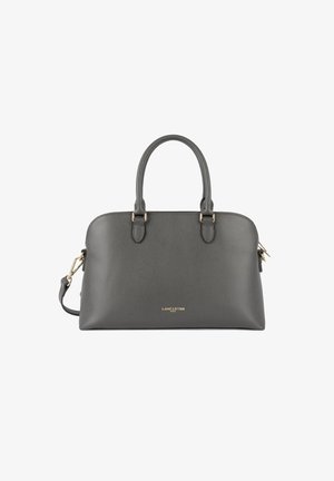 Gray leather handbag with two top handles and a removable shoulder strap. Features gold-tone hardware and a textured finish.
