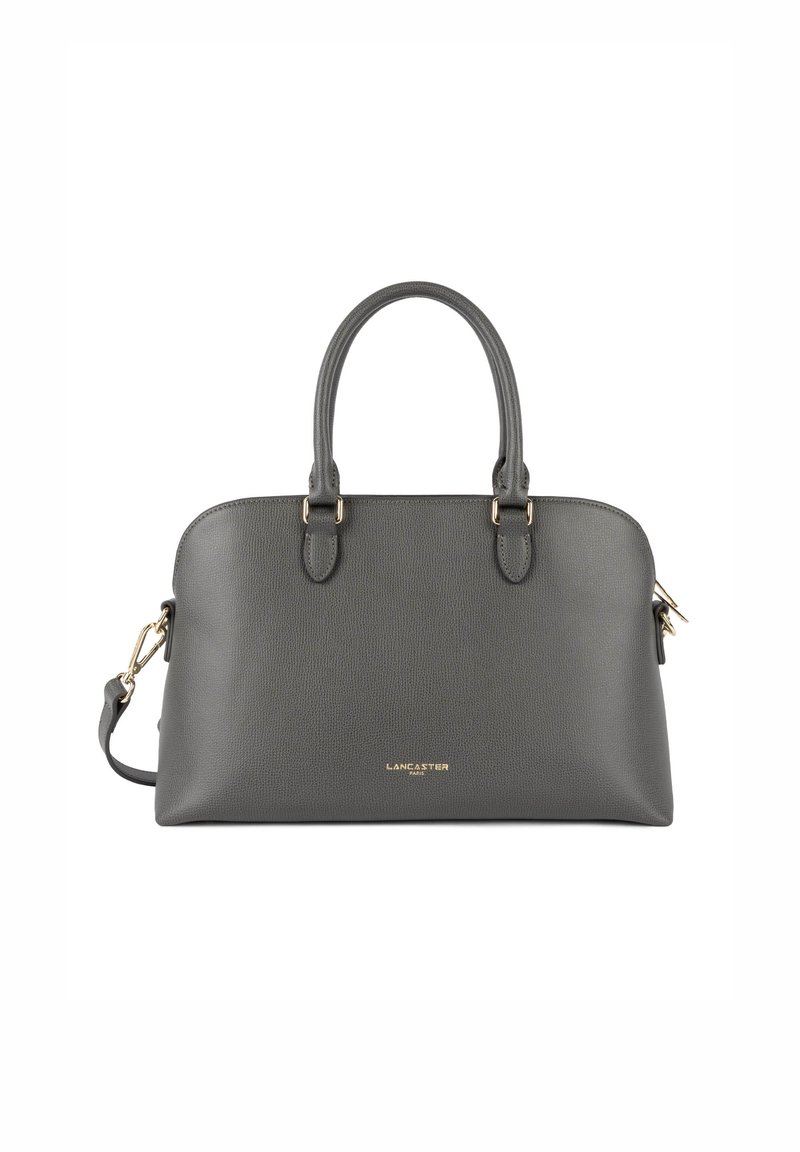 Borsa a tracolla in pelle grigia con due manici superiori e una tracolla removibile. Presenta dettagli in hardware dorato e una finitura testurizzata.