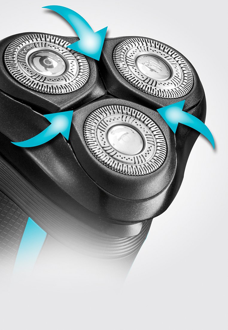Máquina de afeitar eléctrica con tres cabezales de afeitado circulares y metálicos, cada uno con bordes plateados texturizados, y un cuerpo ergonómico negro con ranuras para un mejor agarre.