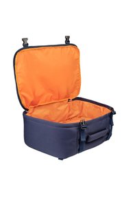 Navy fabric storage bag with an orange interior, rectangular shape, top opening, dual clip closures, and side handle for carrying.