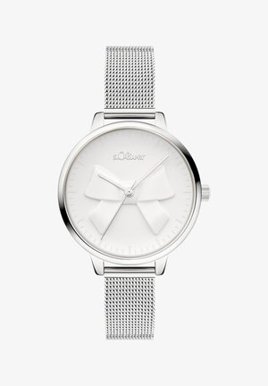 Zilveren horloge met een ronde kast, witte wijzerplaat met een verhoogd strikontwerp, en een metalen meshband. Minimalistische uurmarkeringen en wijzers.