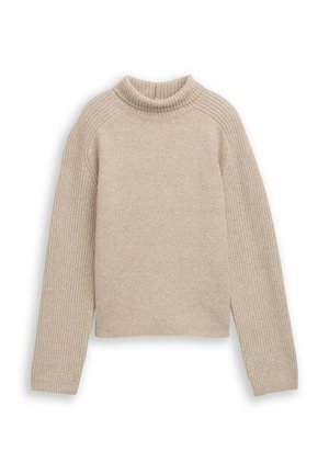 Pull en beige avec un col montant côtelé, des manches raglan et une texture douce. Présente une coupe décontractée et un ourlet droit.