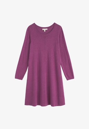 Langärmliges Kleid in einem einfarbigen Lilaton, gefertigt aus weichem Stoff, mit rundem Ausschnitt und dezenten vertikalen Nahtdetails.