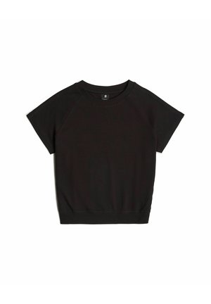 Zwarte casual top met korte mouwen en ronde hals, plat gelegd op een witte achtergrond.