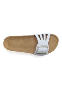 Light blue slip-on sandal with a textured suede footbed, adjustable silver buckle, and cut-out strap design. Flat sole for comfort.