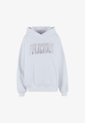 Balts kapuci džemperis no mīksta auduma, kurā priekšā ir burti "FELICIOUS", izšūti ar sudraba pērlītēm, ar stringa kapuci un ribotām aprocēm.