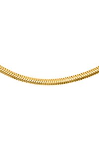 Collana in argento color oro a catena, caratterizzata da segmenti flessibili ed interconnessi con una texture liscia e un leggero luccichio, che si curvano elegantemente.