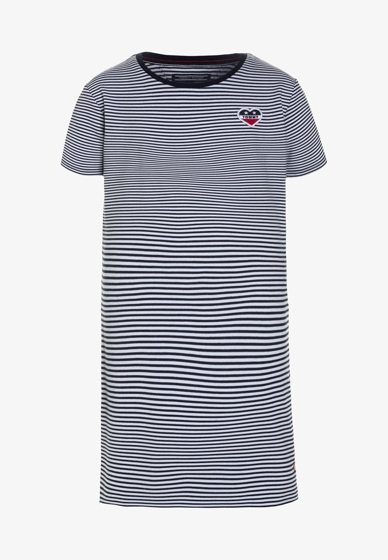 Pasiasta sukienka z krótkim rękawem w kolorze granatowym i białym, z okrągłym dekoltem i logiem serca. Miękka tkanina o luźnym kroju.