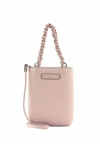 Petit sac à main en cuir rose blush avec poignée tressée et bandoulière détachable, doté d'une discrète étiquette de marque embossée.