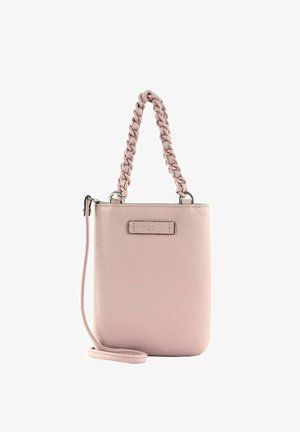 Petit sac à main en cuir rose blush avec poignée tressée et bandoulière détachable, doté d'une discrète étiquette de marque embossée.