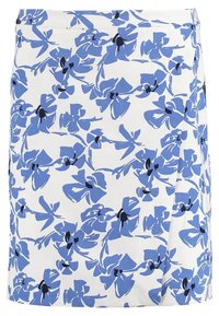 Spódnica w kwiaty z białym tłem, z niebieskimi i czarnymi wzorami kwiatowymi. Wykonana z teksturowanej tkaniny o prostym kroju.
