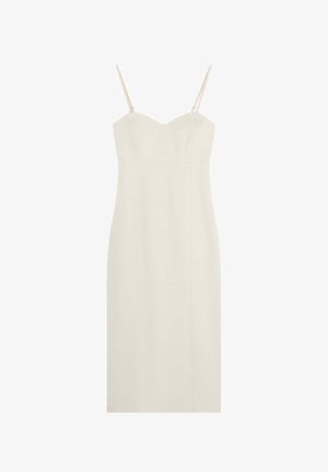 Kremowa, dopasowana sukienka z dekoltem w kształcie serca, regulowanymi cienkimi ramiączkami oraz prostą sylwetką. Gładka tekstura z minimalnymi detalami.