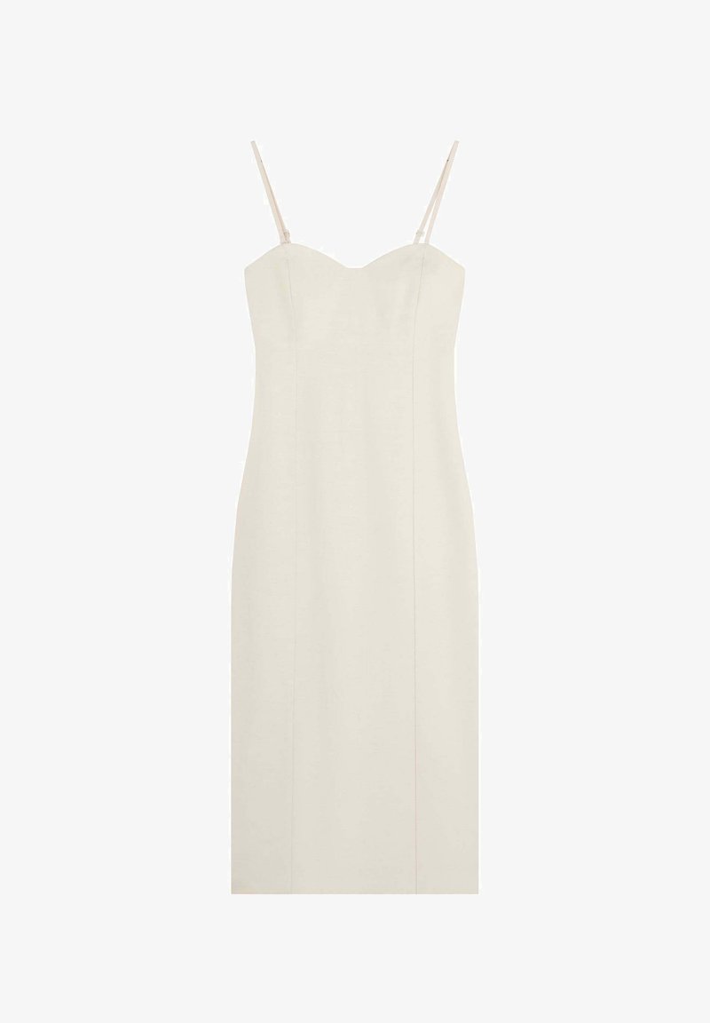 Kermansiemenvärinen istuva mekko, jossa on sydänpääntie, säädettävät ohuet olkaimet ja suora siluetti. Tasainen rakenne, jossa on minimaalista yksityiskohtaisuutta.