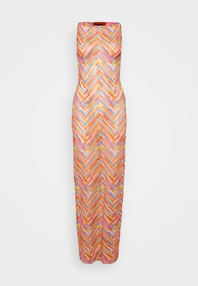 Kitsas kleit, millel on kehaäärmele sobiv disain, mis on kaunistatud heledad herringbone mustriga roosade, oranžide ja siniste toonidega. Sile kangas.