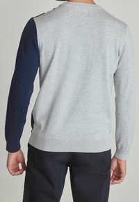 Pull en maille grise avec des manches bleu marine. Présente un ourlet et des poignets côtelés. Vue de dos sans motifs ni détails supplémentaires.