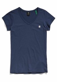 Granatowa koszulka z dekoltem w serek, wykonana z miękkiej bawełny, z krótkimi rękawami i małym logo po lewej stronie na piersi. Gładka struktura, luźny fason.