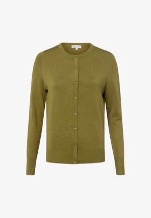 Olivgrüner Cardigan aus weichem Stoff, mit rundem Hals, langen Ärmeln und einer durchgängigen Knopfleiste mit passenden Knöpfen.