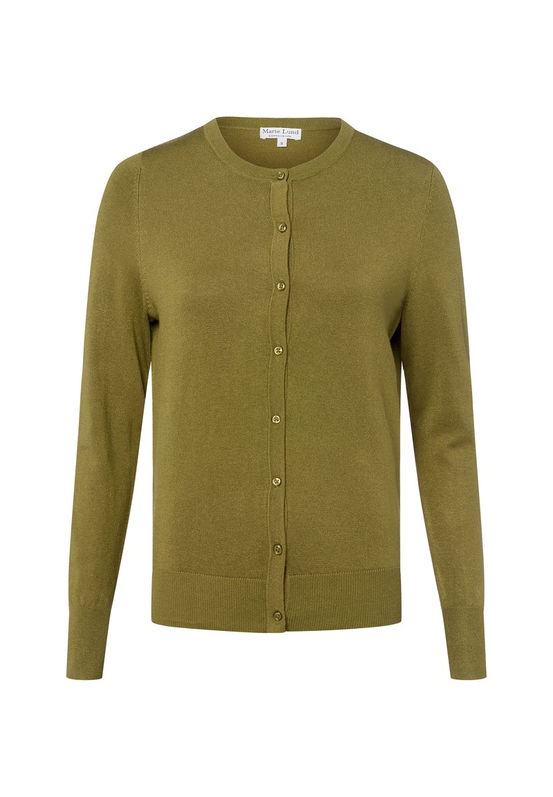 Oliwkowy kardigan z miękkiego materiału, z okrągłym dekoltem, długimi rękawami i zapięciem na guziki z pasującymi guzikami.