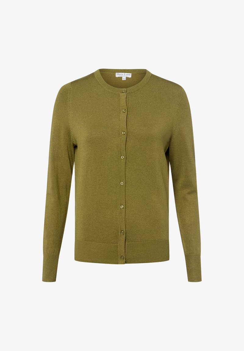 Oliwkowy kardigan z miękkiego materiału, z okrągłym dekoltem, długimi rękawami i zapięciem na guziki z pasującymi guzikami.