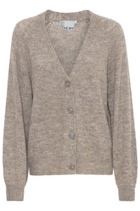 Cardigan lavorato a maglia beige con scollo a V, maniche lunghe e quattro bottoni frontali. Texture morbida con un motivo mélange.