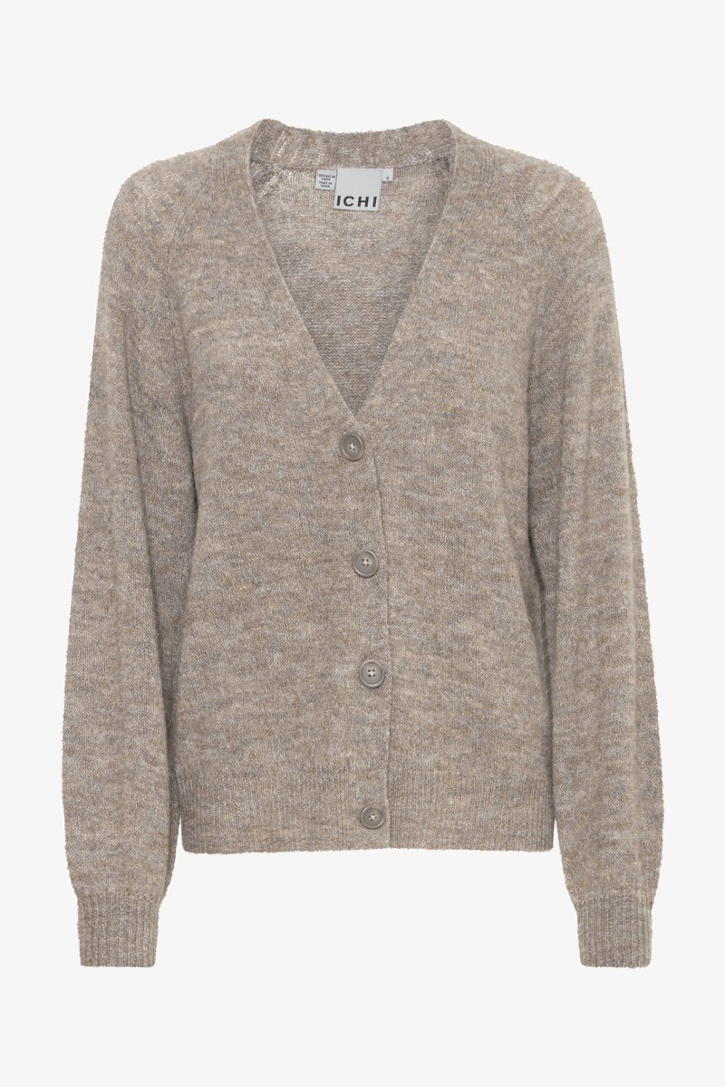 Cardigan lavorato a maglia beige con scollo a V, maniche lunghe e quattro bottoni frontali. Texture morbida con un motivo mélange.