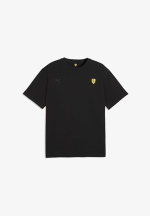 Zwart T-shirt met korte mouwen van katoen en een ronde hals. Voorzien van een geel Ferrari-logo en een klein grijs Puma-logo op de mouw.