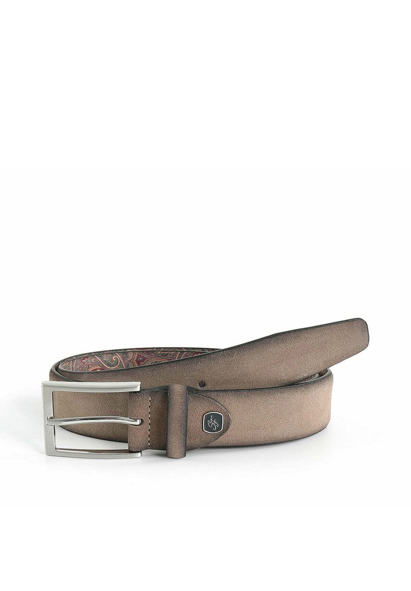 Brown suede belt with a silver metal buckle, featuring a smooth finish and patterned lining visible at the belt's edge.
