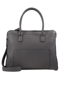 Sac à main en cuir synthétique gris avec deux poignées supérieures et une bandoulière amovible. Comprend une poche avant et un détail de logo doré.