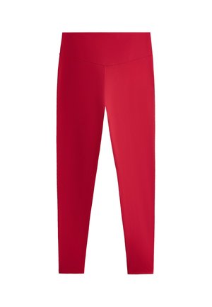 Røde højtaljede elastiske leggings med en glat finish, der går ned til anklerne, vist mod en hvid baggrund.
