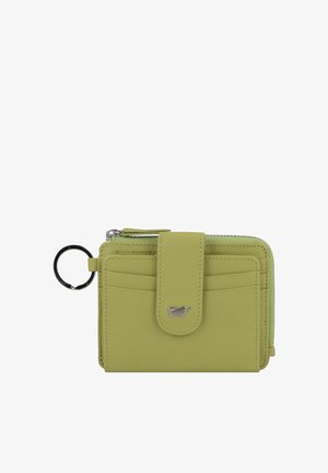Green leather wallet with a zippered closure, multiple card slots, a snap button flap, and a silver-colored ring attachment.