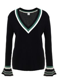 Námořnicky modrý pletený svetr s výstřihem do V, s pruhovanými zelenými a bílými doplňky na límci a rozevlátých manžetách. Texturovaná tkanina.