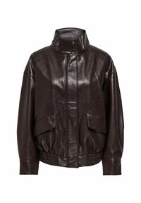 Giacca in pelle marrone con colletto alto, chiusura frontale con zip, due grandi tasche e orlo a coste. Il materiale ha una finitura lucida.