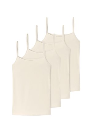 Vier beige Camisole-Oberteile mit dünnen Schulterriemen, in einer versetzten überlappenden Reihe auf weißem Hintergrund angeordnet.