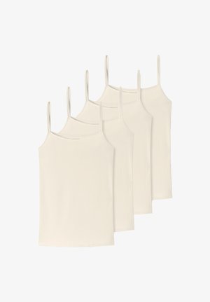 Vier beige Camisole-Oberteile mit dünnen Schulterriemen, in einer versetzten überlappenden Reihe auf weißem Hintergrund angeordnet.