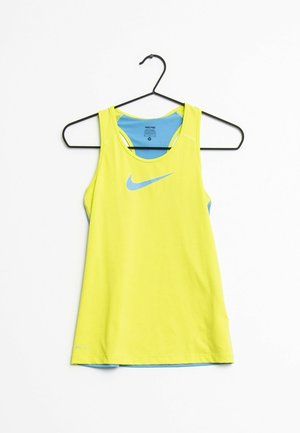 Nike Pro tank top in neon yellow, featuring a blue accent, racerback design, and lightweight, moisture-wicking fabric. DRI-FIT label visible.